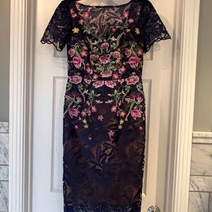 Marchesa Notte Embroidered Lace Midi Dress